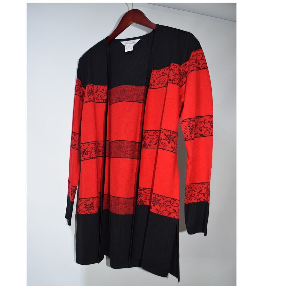 Misook Red Black Floral Stripe Long Open Front Cardigan Size Small